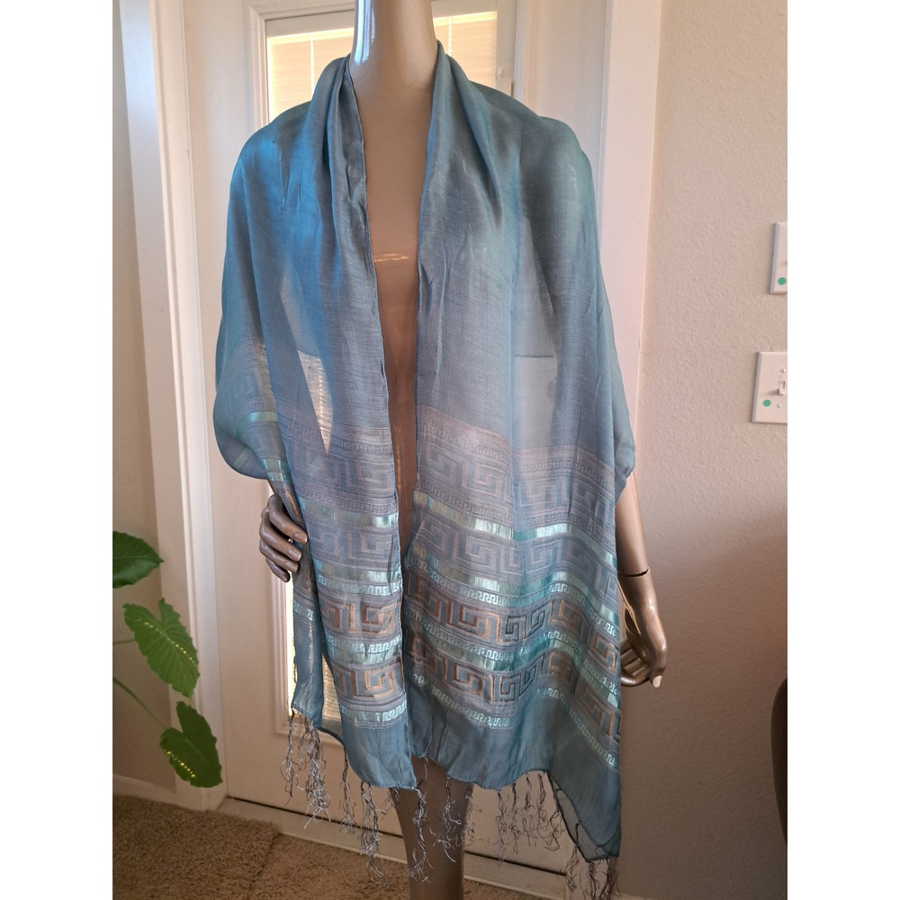 Blue Greek Key Meander Border Pashmina Scarf Metallic Fringe Wrap Shawl